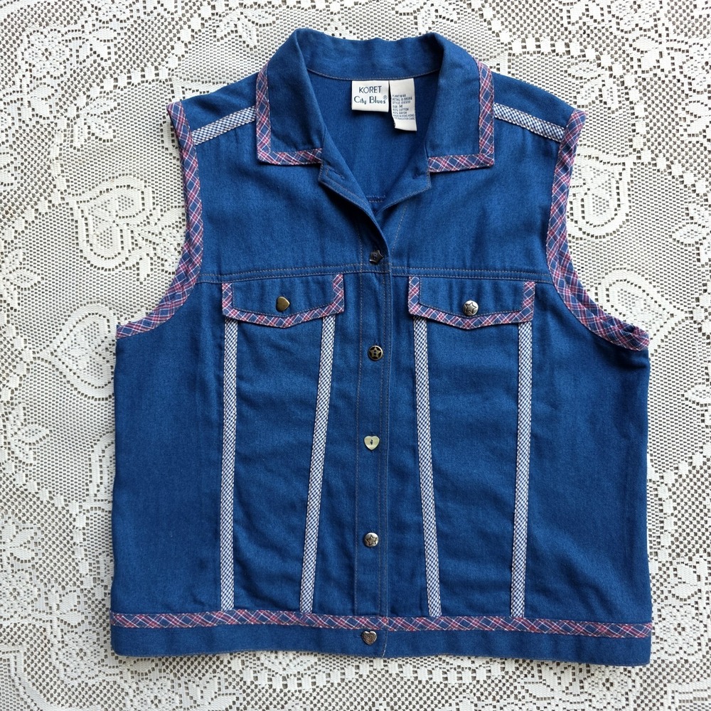Vintage 70s Vest Denim Western Cottagecore Heart Buttons‎ Size M Red Piping